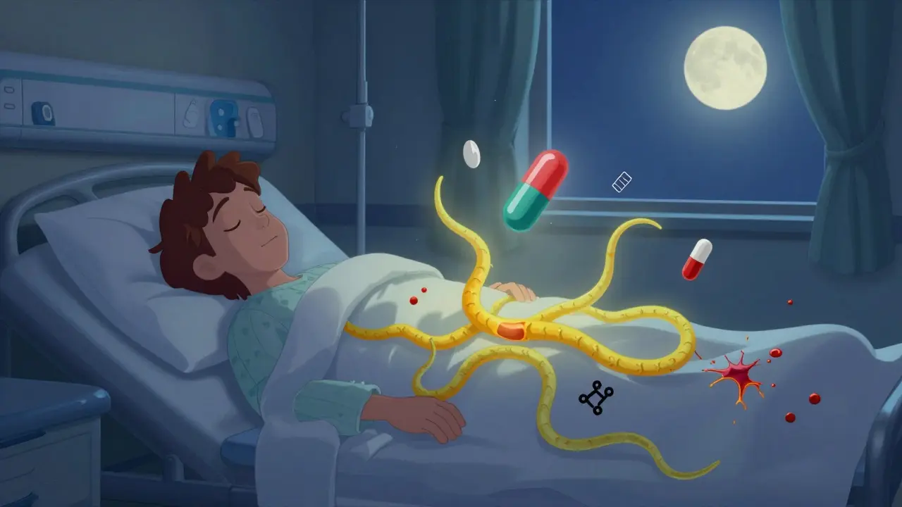 A sleeping patient with shadowy yellow tendrils from a turmeric capsule threatening blood vessels beneath the blanket.