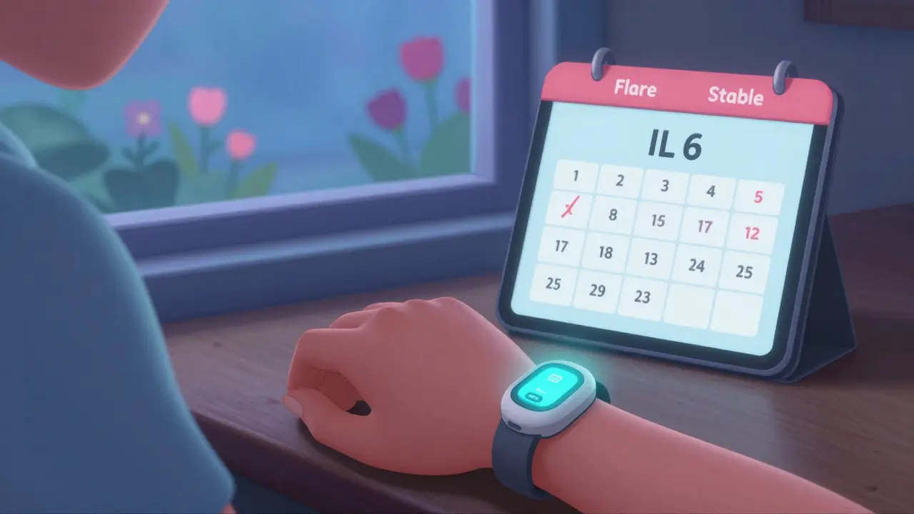 A wearable sensor glows as it monitors inflammation levels, guiding a patient to rest and adjust exercise gently.