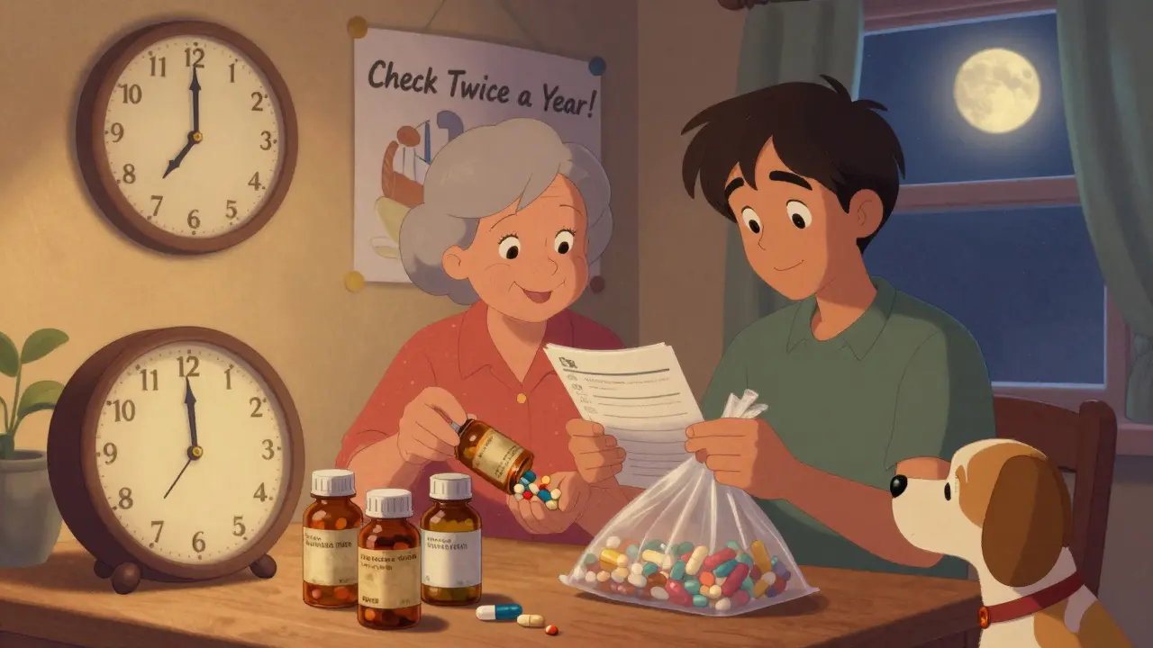A woman and teen sorting medicine bottles during daylight saving time change, with a checklist and sealed trash bag, Disney-style.
