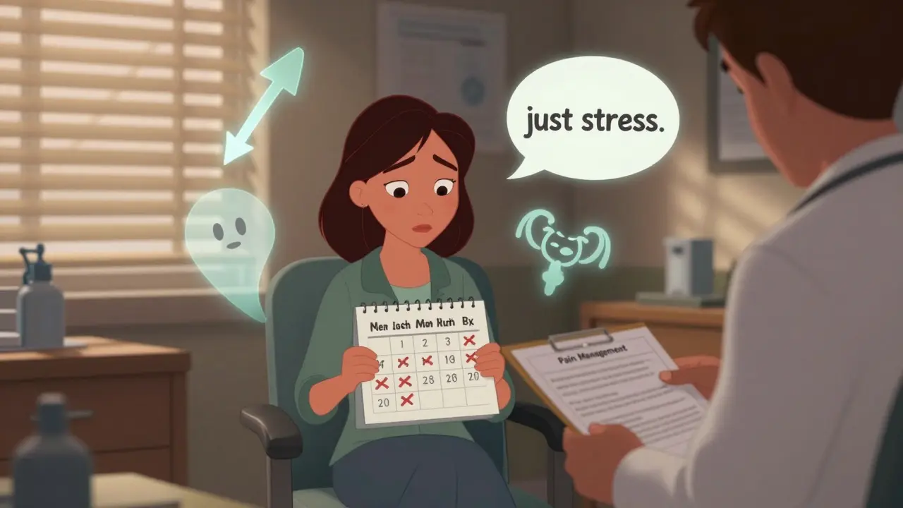 A woman in a doctor's office with ghostly hormone symbols floating around her, her menstrual calendar crossed out.