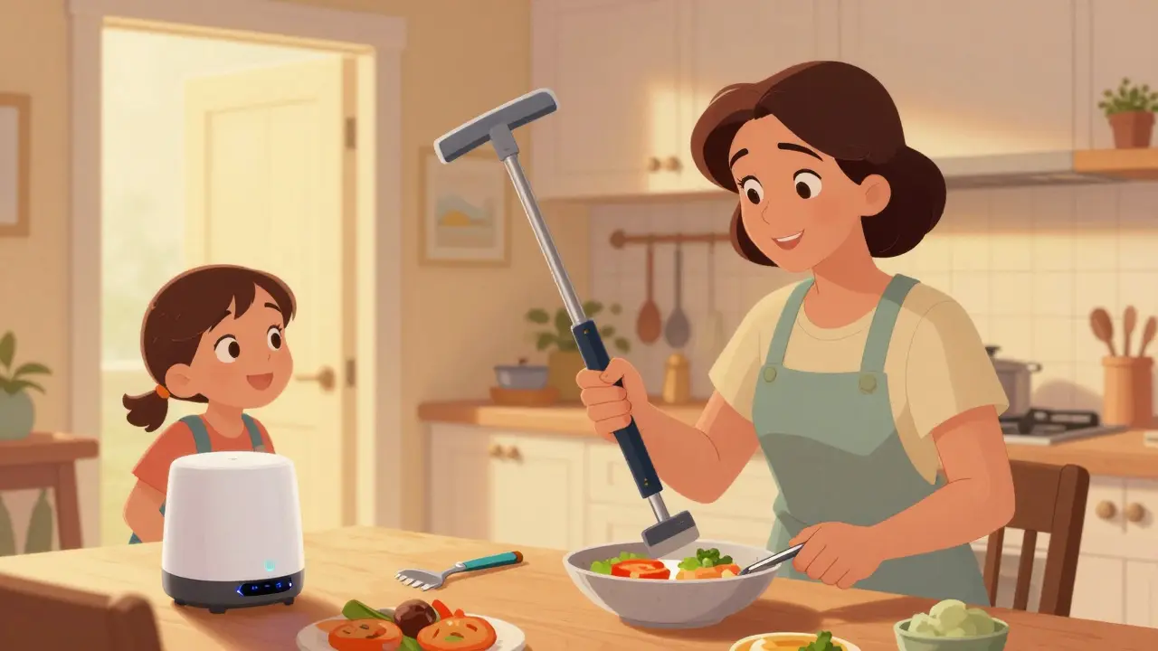 A woman using adaptive tools to cook in her modified kitchen, with her granddaughter watching happily nearby.
