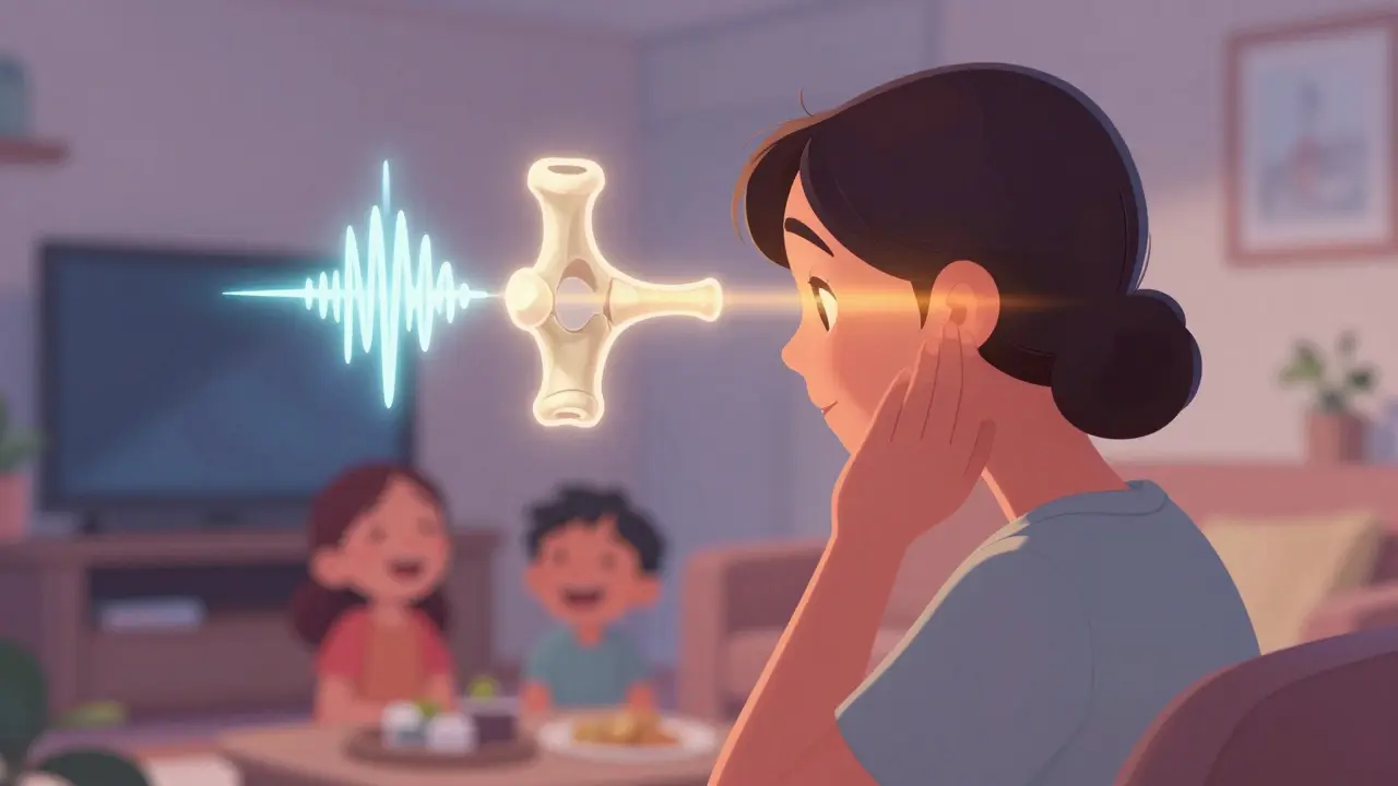 An adult with a glowing diagram showing improved sound flow after ear surgery in a cozy room.