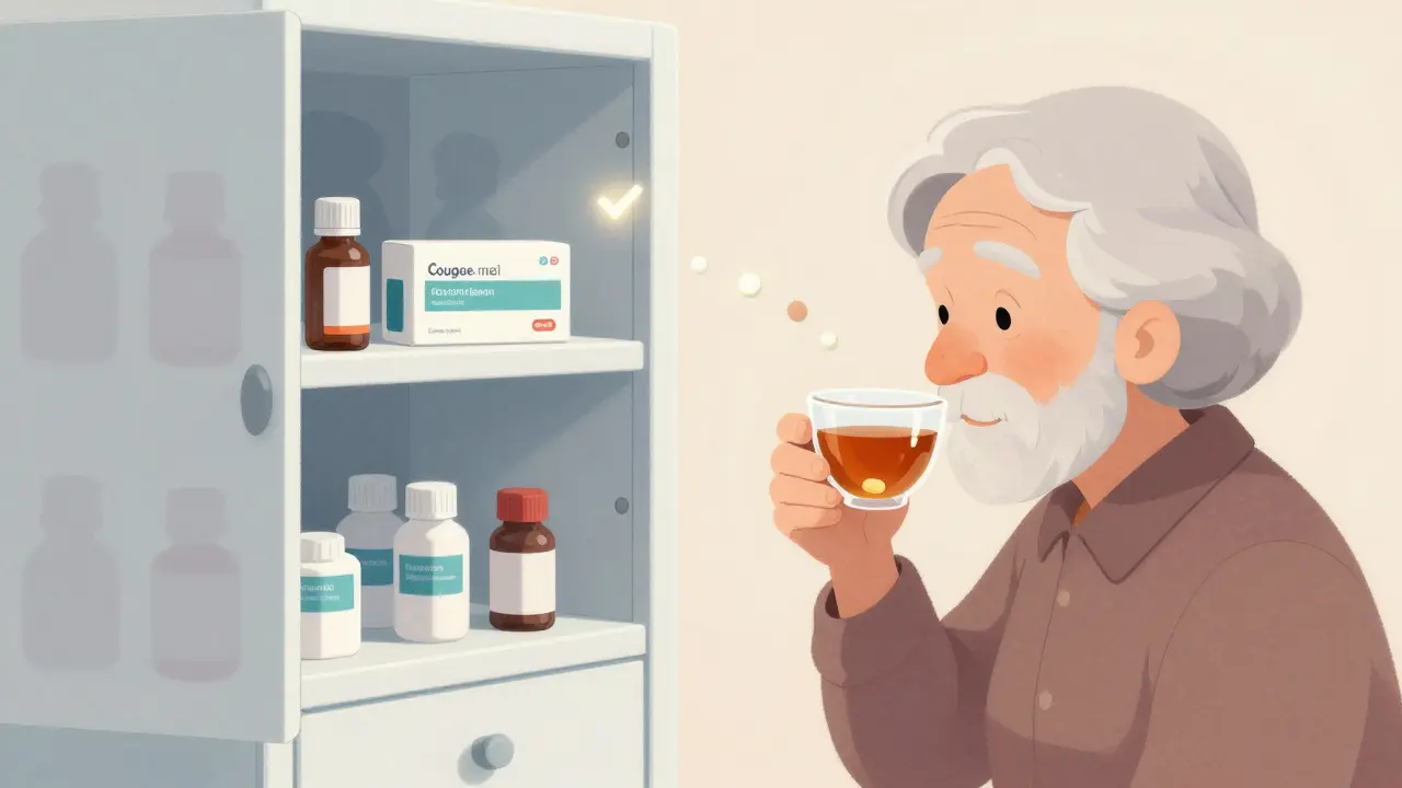 An elderly person safely taking one pill with organized medicine cabinet behind them in soft Disney style.