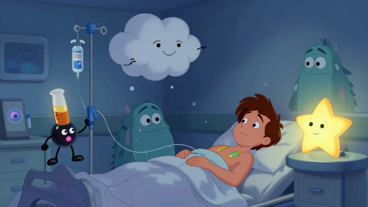 An ER scene with friendly cartoon medicine elements helping a patient recover from a severe migraine.