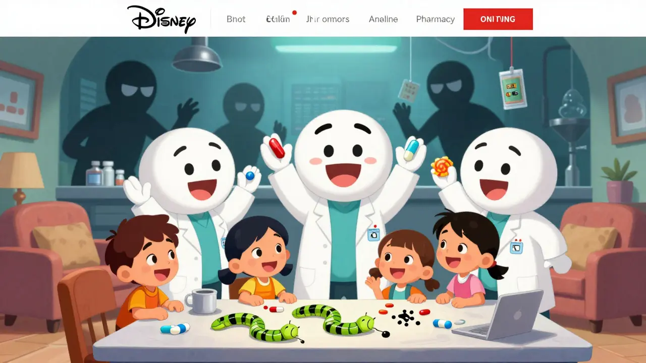 Cartoon pharmacy mascots handing out pills that turn into poison in a cozy home setting.