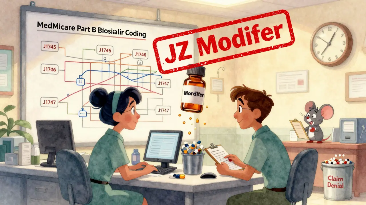 Clinic staff overwhelmed by tangled biosimilar coding flowchart with JZ modifier and discarded vials