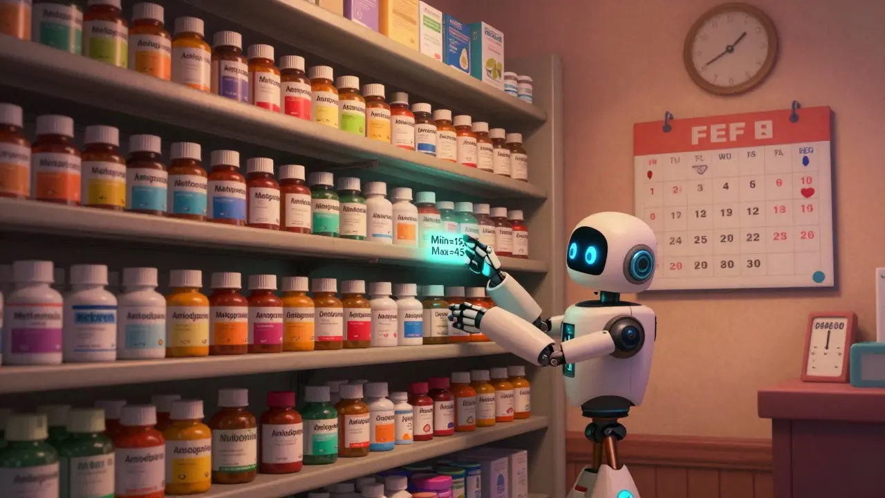 Colorful smiling medication bottles being automatically restocked by a friendly robot arm in a pharmacy storage room.