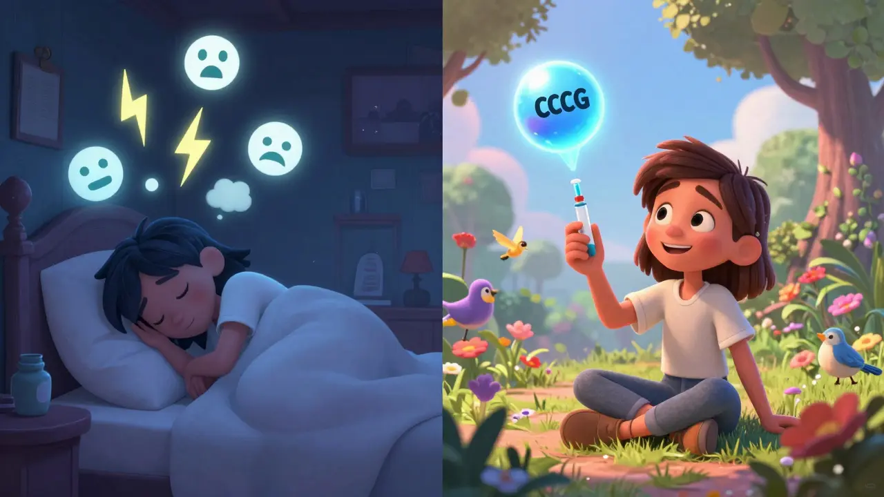 Contrasting scenes of migraine suffering vs. relief with a friendly CGRP inhibitor molecule as a guardian.