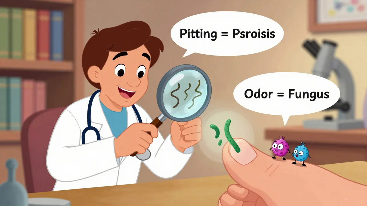 Dermatologist using a magnifying glass to examine nails, showing fungal hyphae and immune cells in cartoon form.