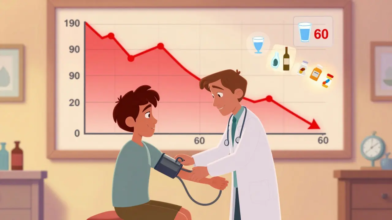 Doctor checking blood pressure while a graph plummets, surrounded by risk factor icons like alcohol and pills.
