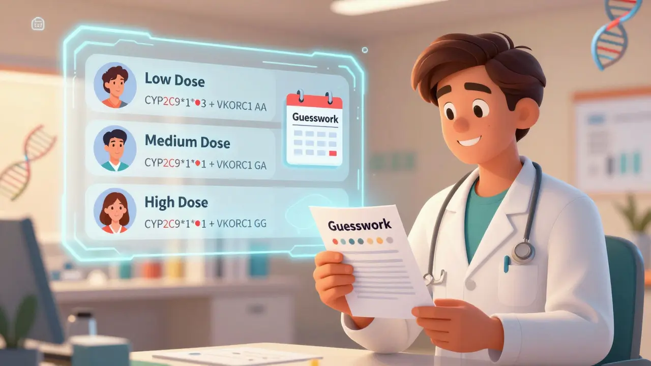 Doctor showing genetic dosing chart with three patient profiles, glowing pill sizes, Disney-style clinic scene.