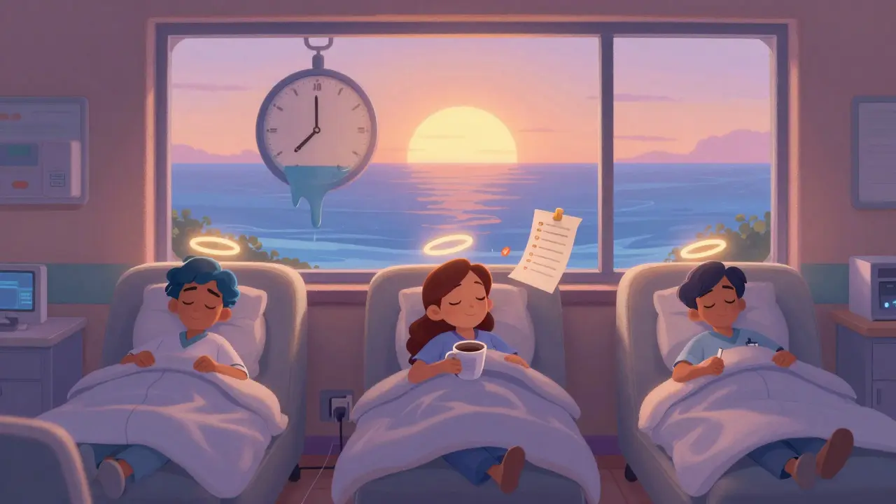 Healthcare workers napping in cozy pods as dawn breaks, with glowing checkmarks and a melting clock symbolizing rest and recovery.