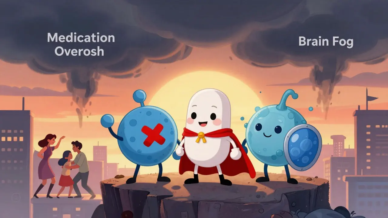 Molecular heroes defeating migraine storm clouds while people enjoy life under a sunset sky.