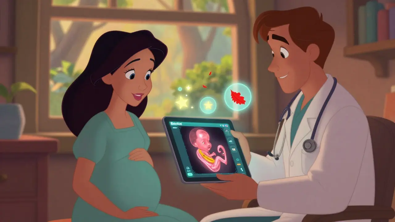 Mother and doctor using a glowing app showing a safe fetus with color-coded medication zones in a cozy clinic.