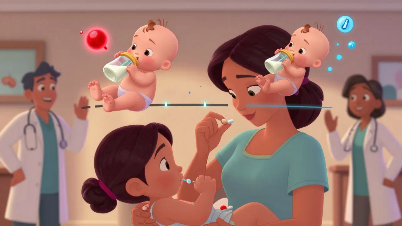 Mother takes pill after feeding as a timeline shows reduced drug exposure to baby, with supportive figures nearby.