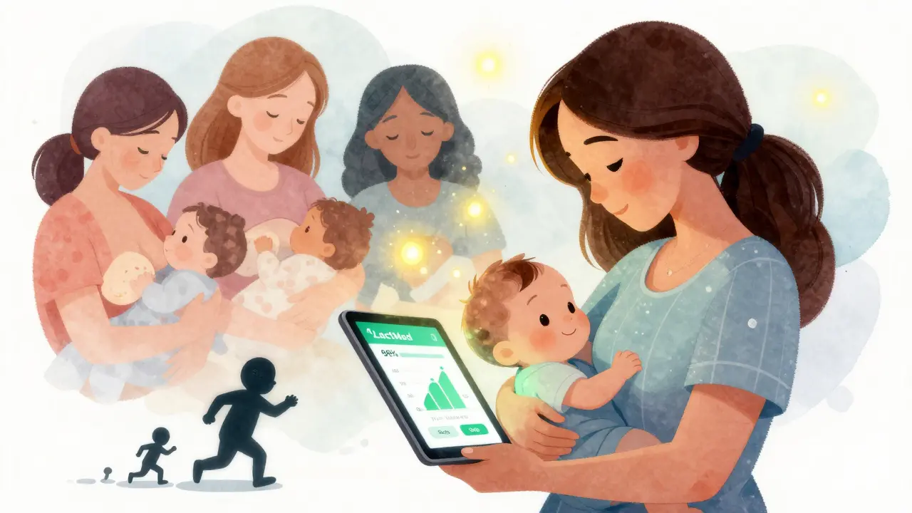 Mother uses LactMed app showing 98% of medications are safe, while fear fades away in a warm, hopeful scene.