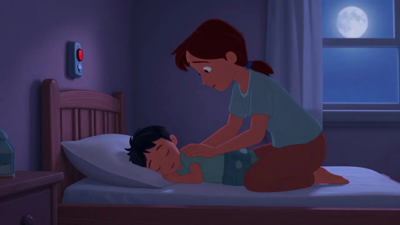 Parent gently guides sleepwalking child back to bed with door alarm activated.