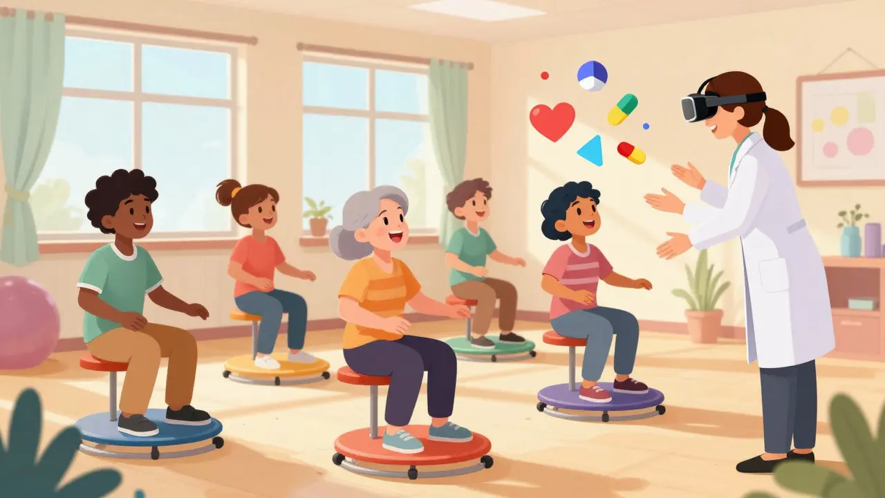 People doing balance exercises in a sunny rehab room with a therapist, one wearing a VR headset, in cheerful Disney cartoon style.