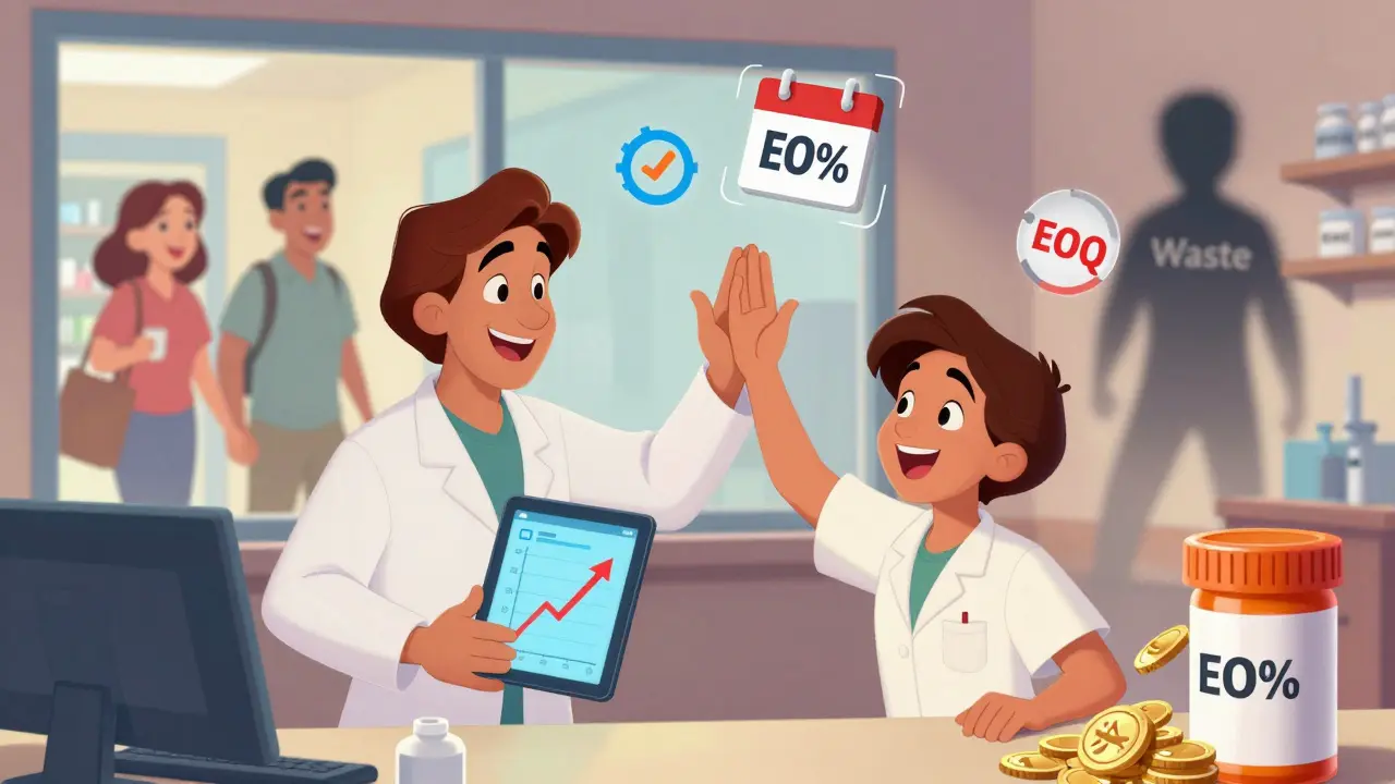 Pharmacist and tech celebrating a profit increase with floating inventory icons and fading waste.