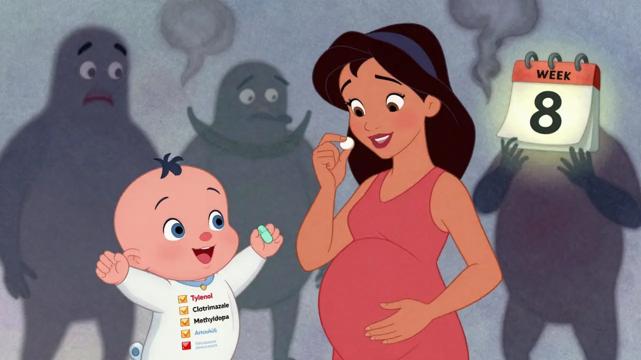 Pregnant woman taking safe medicine while friendly baby holds up safe alternatives, dangerous drugs fading away.