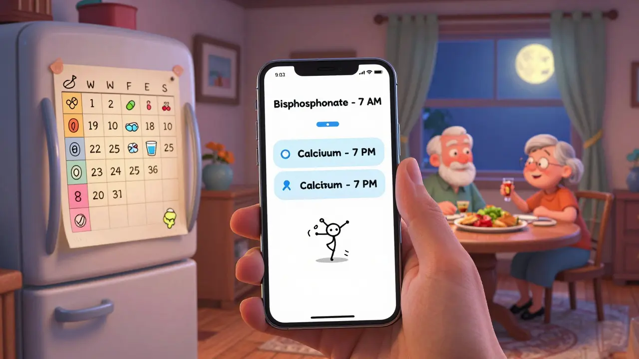 Senior couple using phone app to time bisphosphonate and calcium doses, with schedule on fridge.