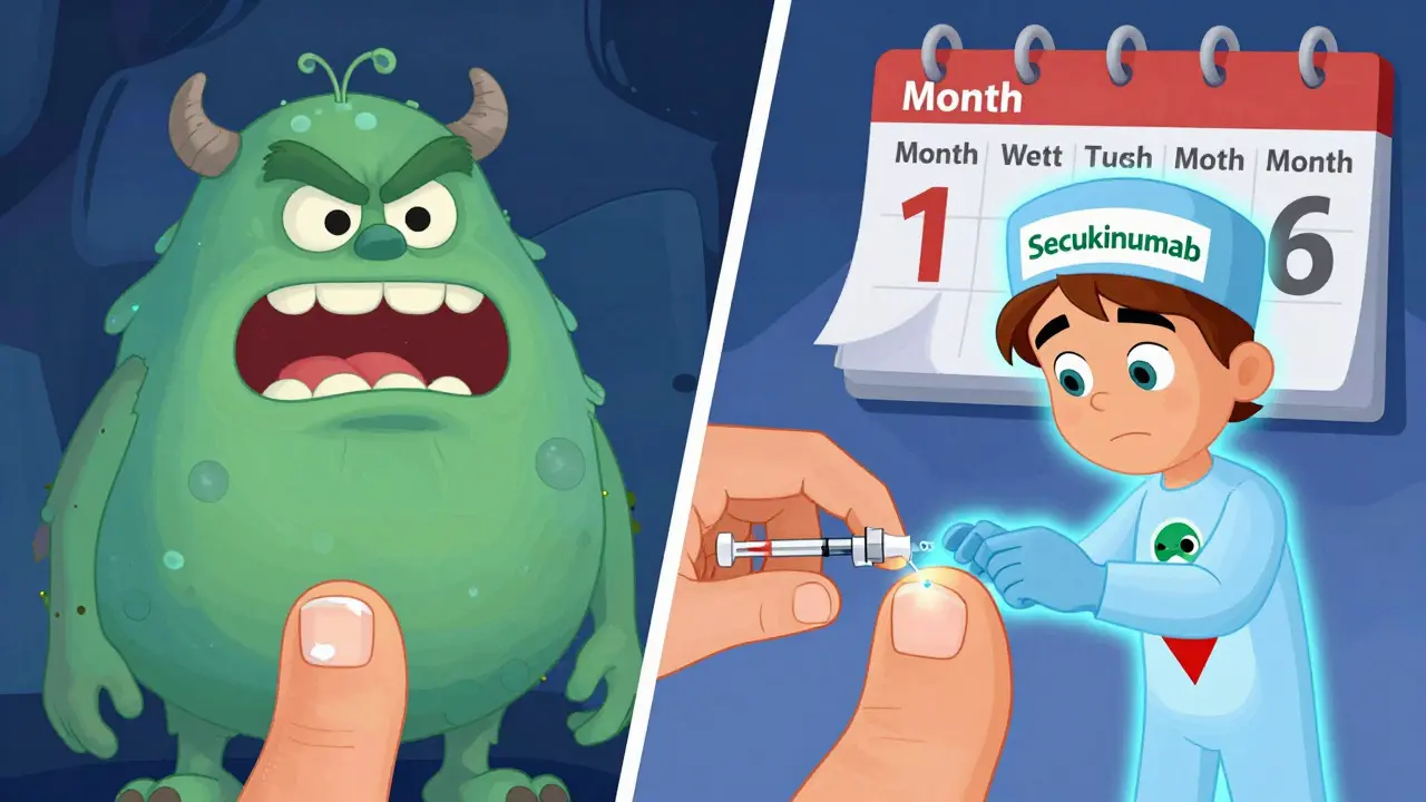 Split scene: left, antifungal cream fails against a laughing fungus; right, a superhero injection heals a nail.