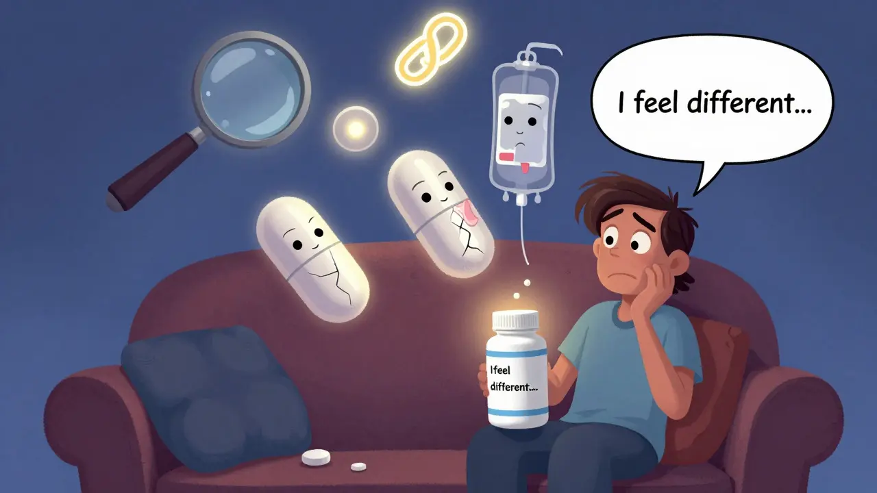 Three generic pills with different problems floating above a confused patient