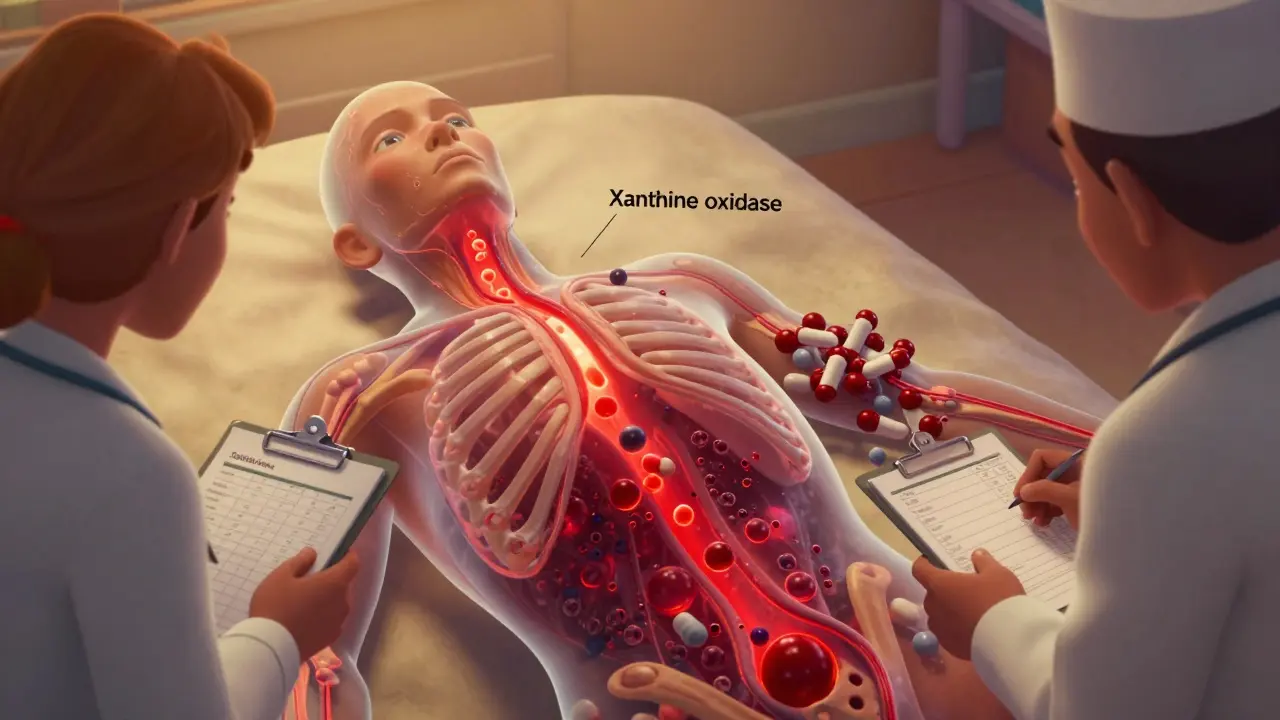 Transparent human body showing toxic red molecules flooding bone marrow while a pathway is blocked by a pill.