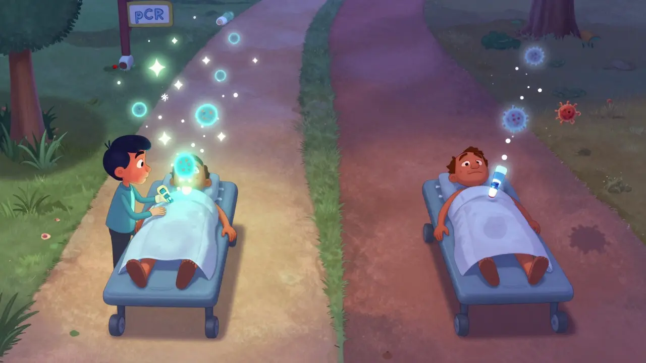 Two paths show cancer treatment timing: one with dissolving tumors before surgery, another with lingering shadows after.