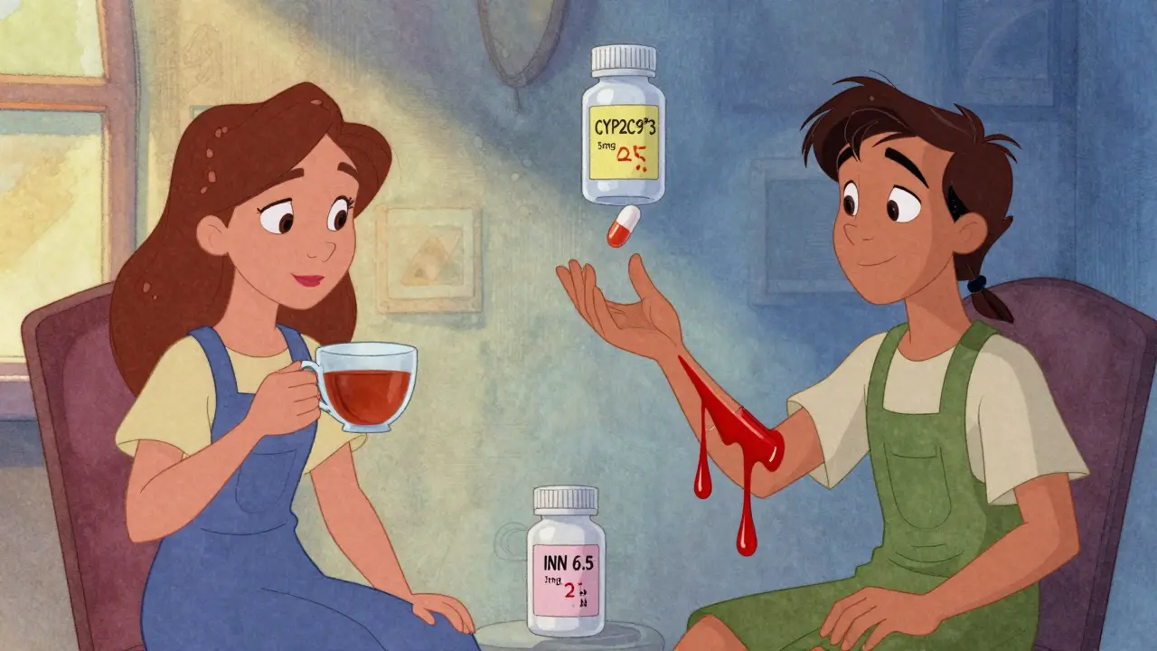 Two patients taking warfarin—one calm, one bleeding—showing contrasting INR levels, Disney cartoon style.