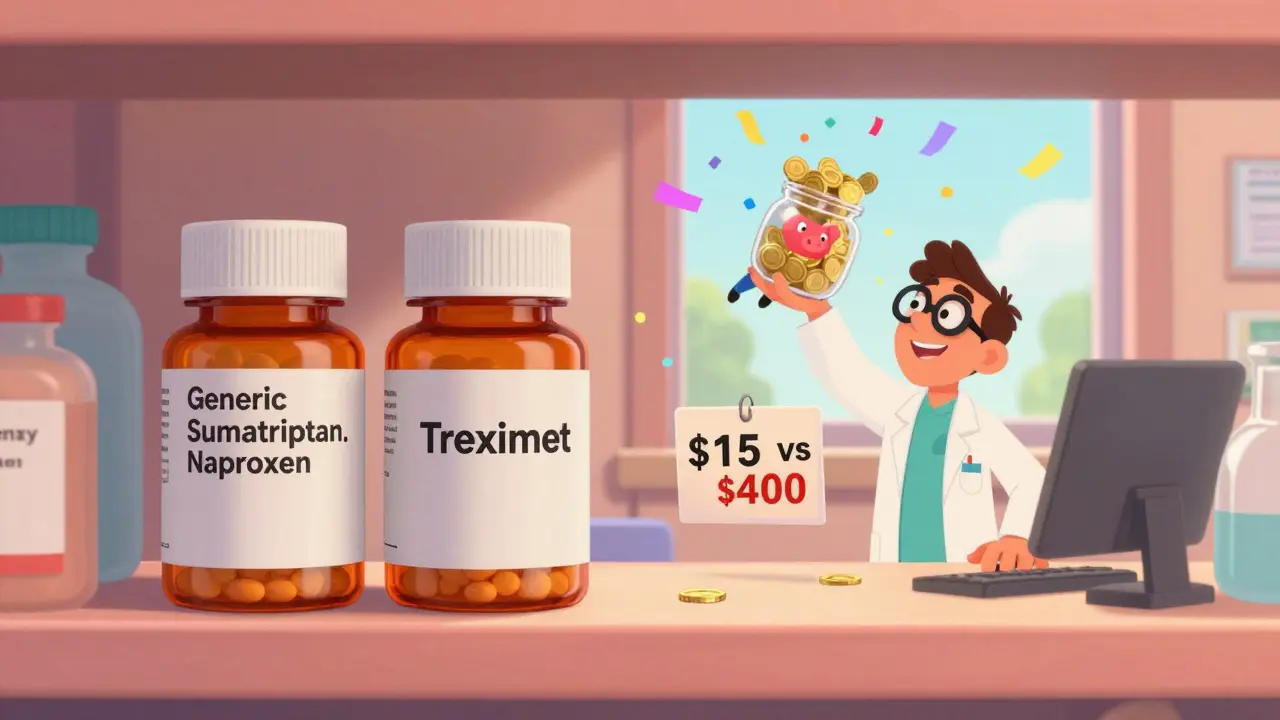 Two pill bottles side by side on a shelf with a price comparison and a happy patient holding a savings jar.