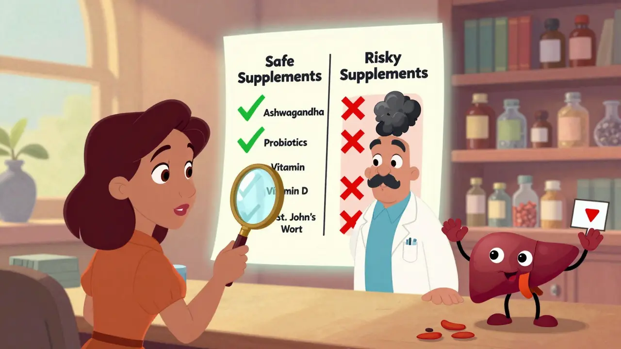 A doctor explains safe and risky supplements to a woman using a glowing chart in a cozy clinic.