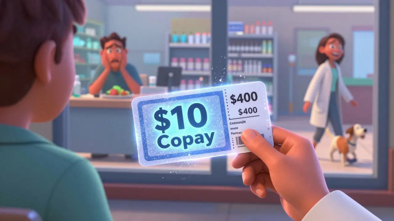 A pharmacist gives a glowing coupon card that makes a 0 drug price disappear into dust.