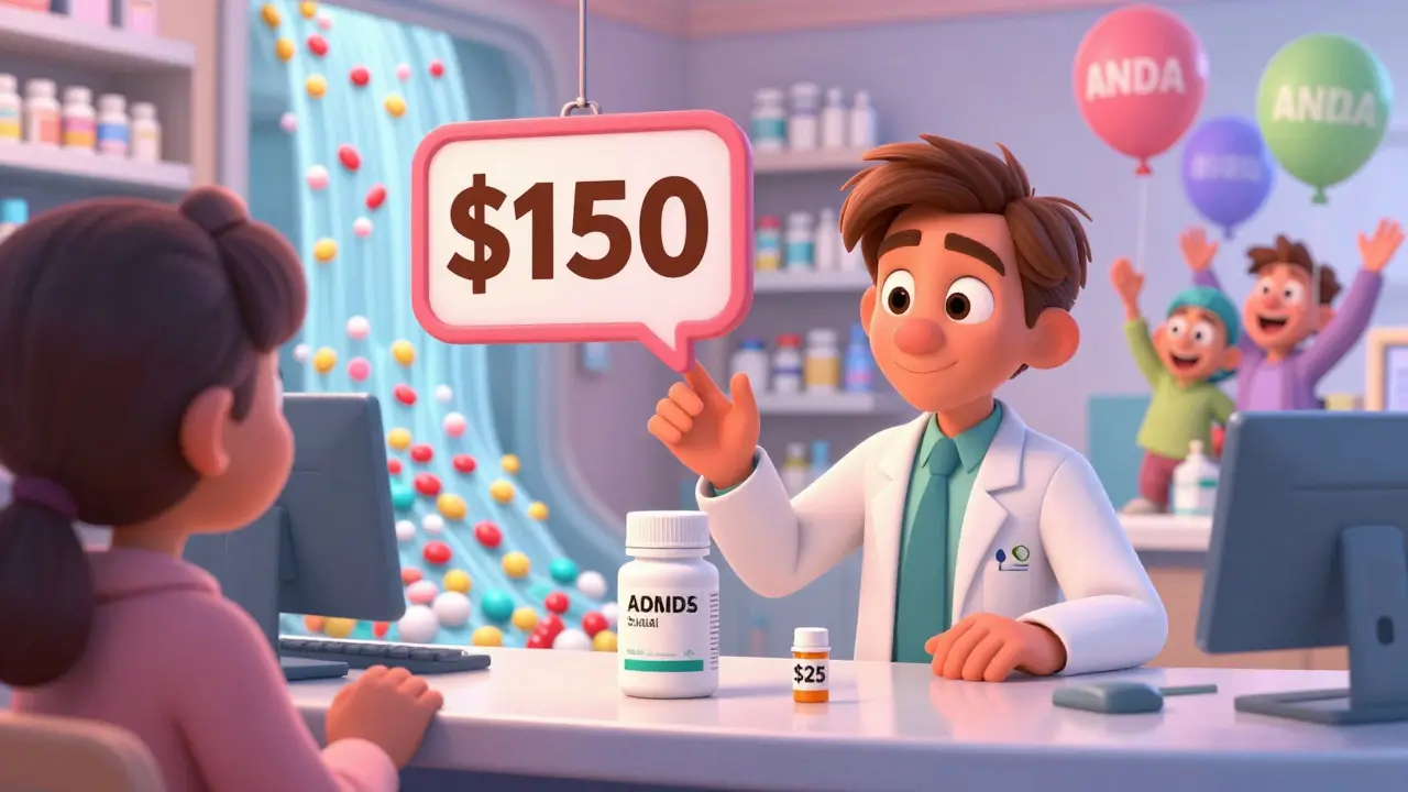 A pharmacist hands a customer a low-cost generic pill bottle while brand prices shrink in the background.