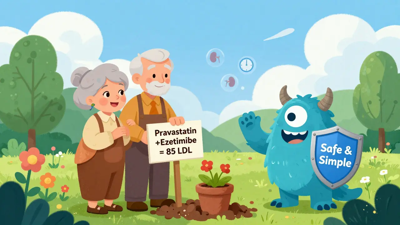A senior couple gardening with a sign showing their LDL level, cartoon cholesterol monster being gently pushed away.
