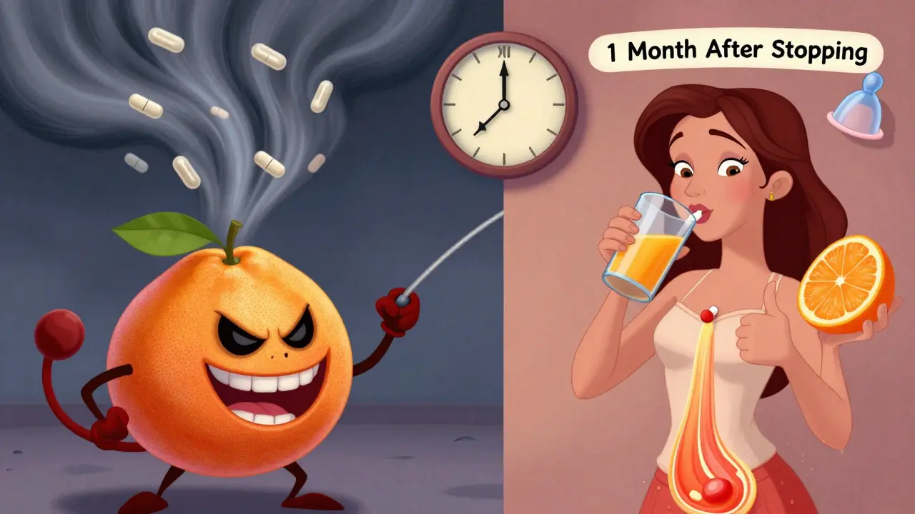 A split scene shows risky and safe interactions between birth control and beverages, with personified fruits.