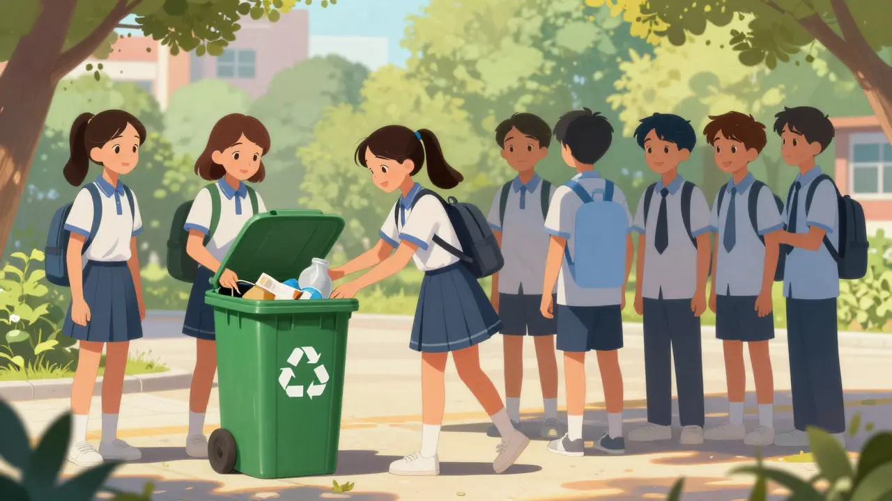 A student modeling eco-friendly behavior, inspiring others to follow without words.