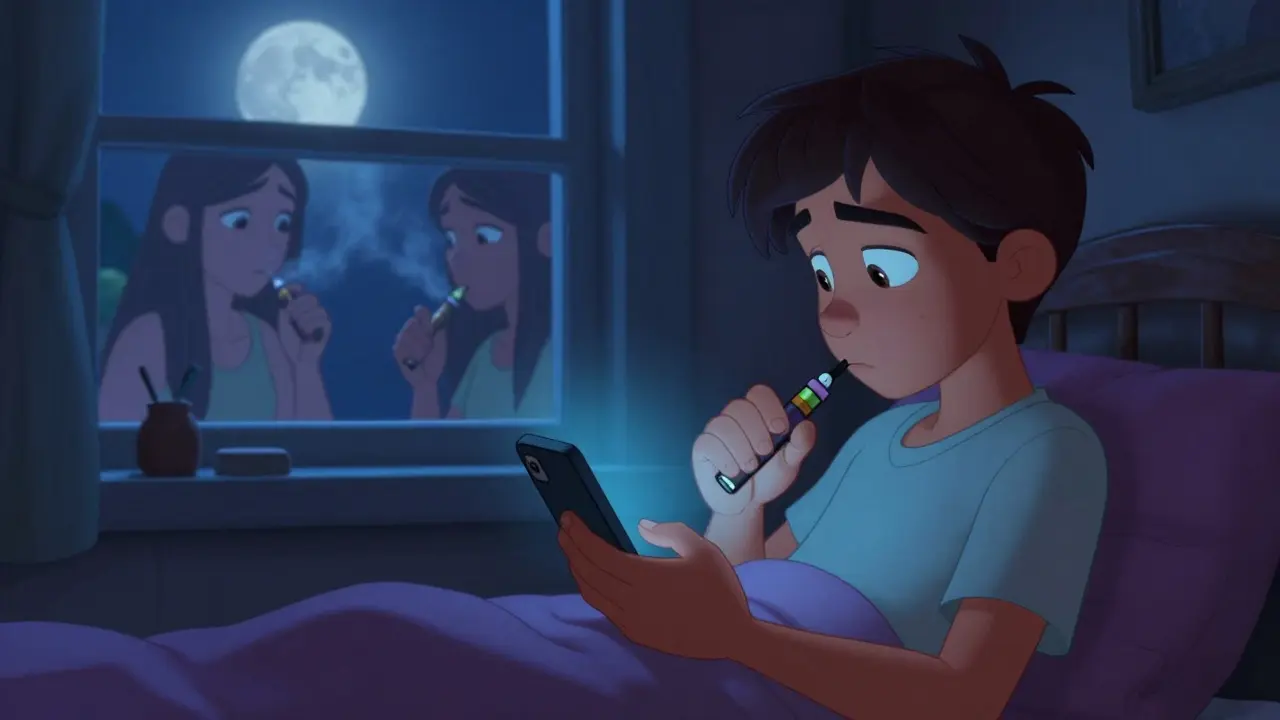 A teen hesitating with a vape pen, torn between peer influence and personal choice.