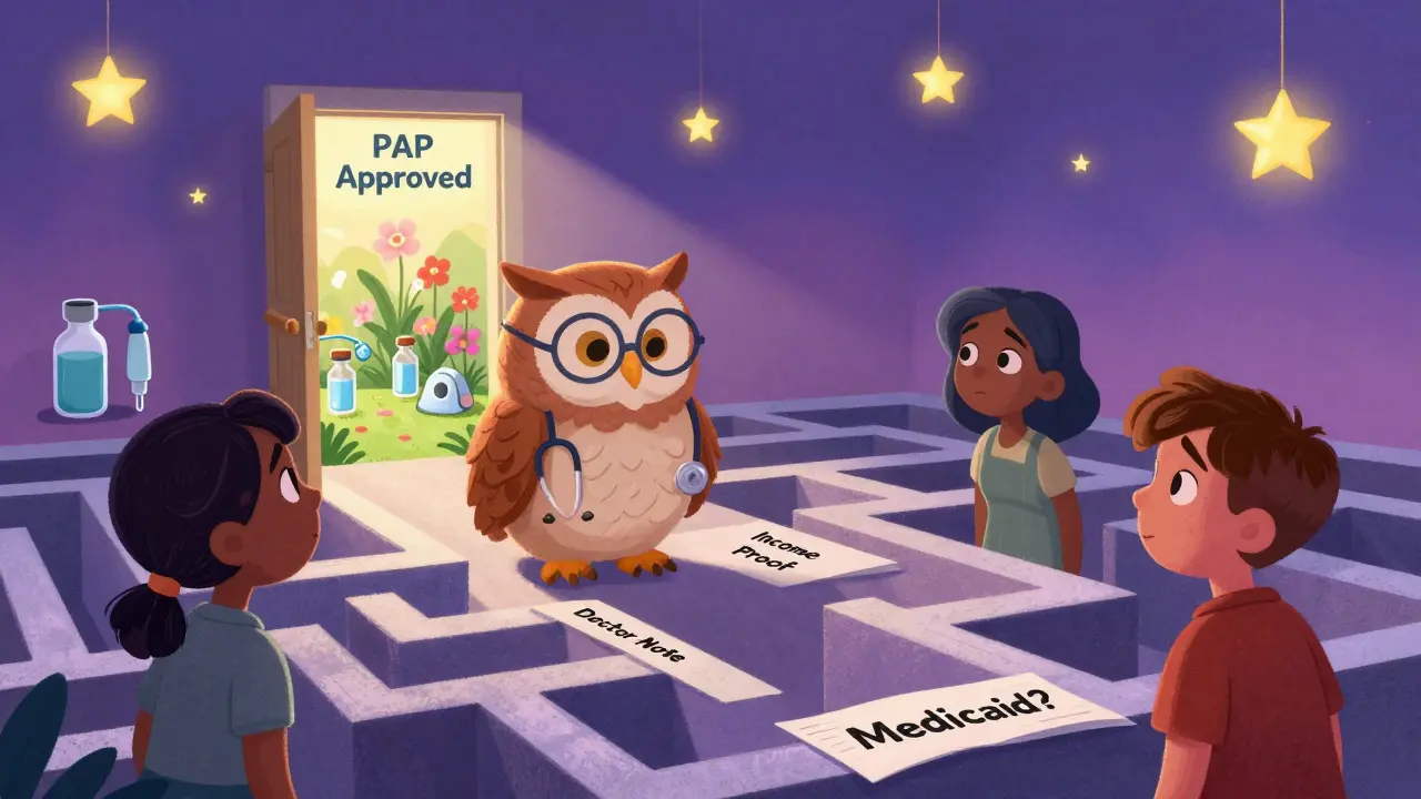A wise owl guide helps people navigate paperwork to reach a door labeled 'PAP Approved'.