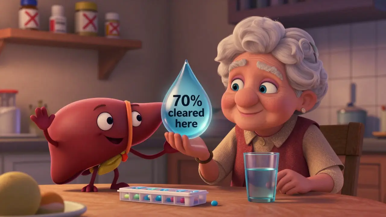 An elderly woman at the kitchen table with cartoon liver and kidney icons, showing pravastatin's kidney clearance.