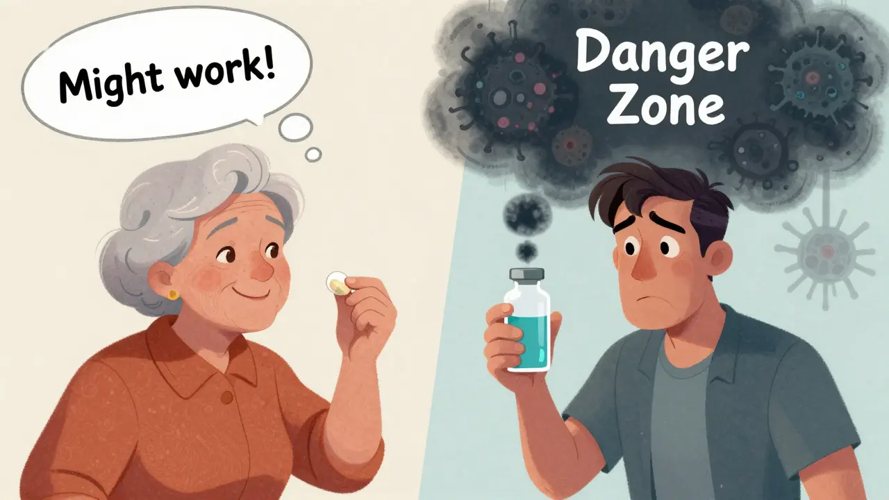 An elderly woman taking an expired pill with optimism, beside a man holding a contaminated liquid antibiotic with a dark bacterial cloud.