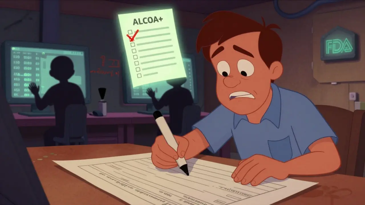 Animated factory scene showing erased production logs and missing audit trails with glowing ALCOA+ checklist.