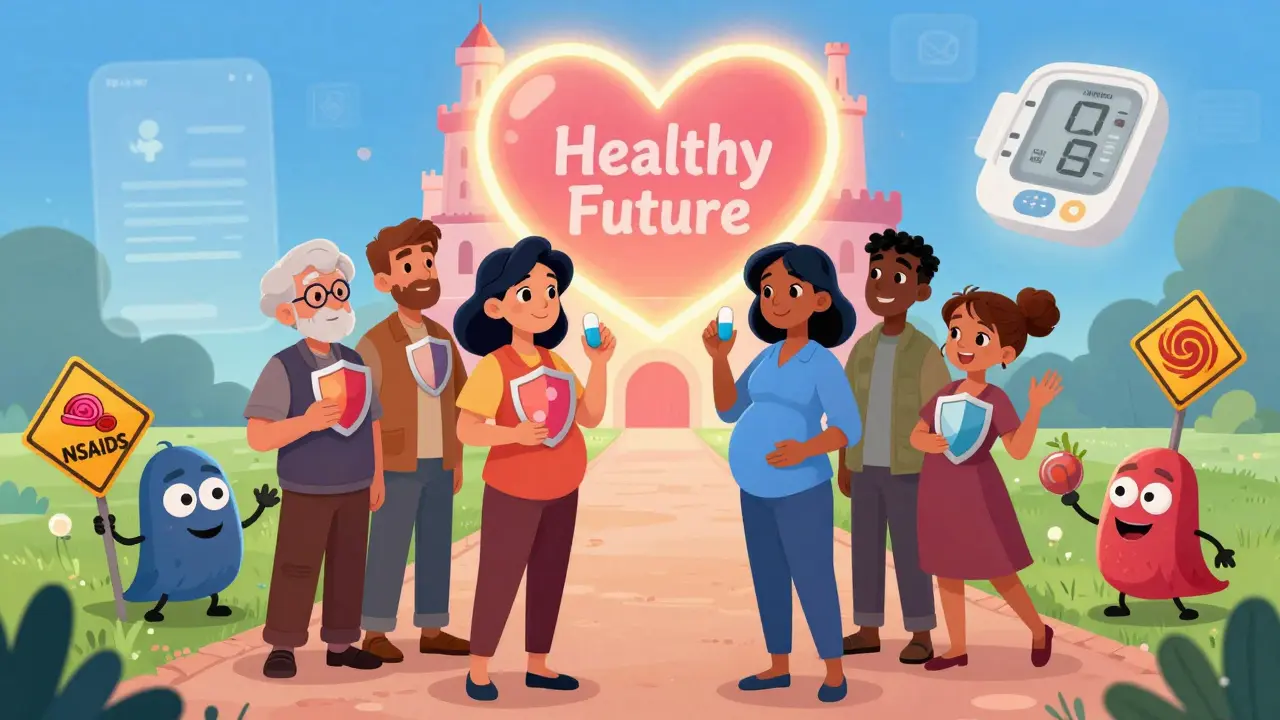 Diverse group holding pill shields, walking toward a heart fortress while warning villains are pushed away.