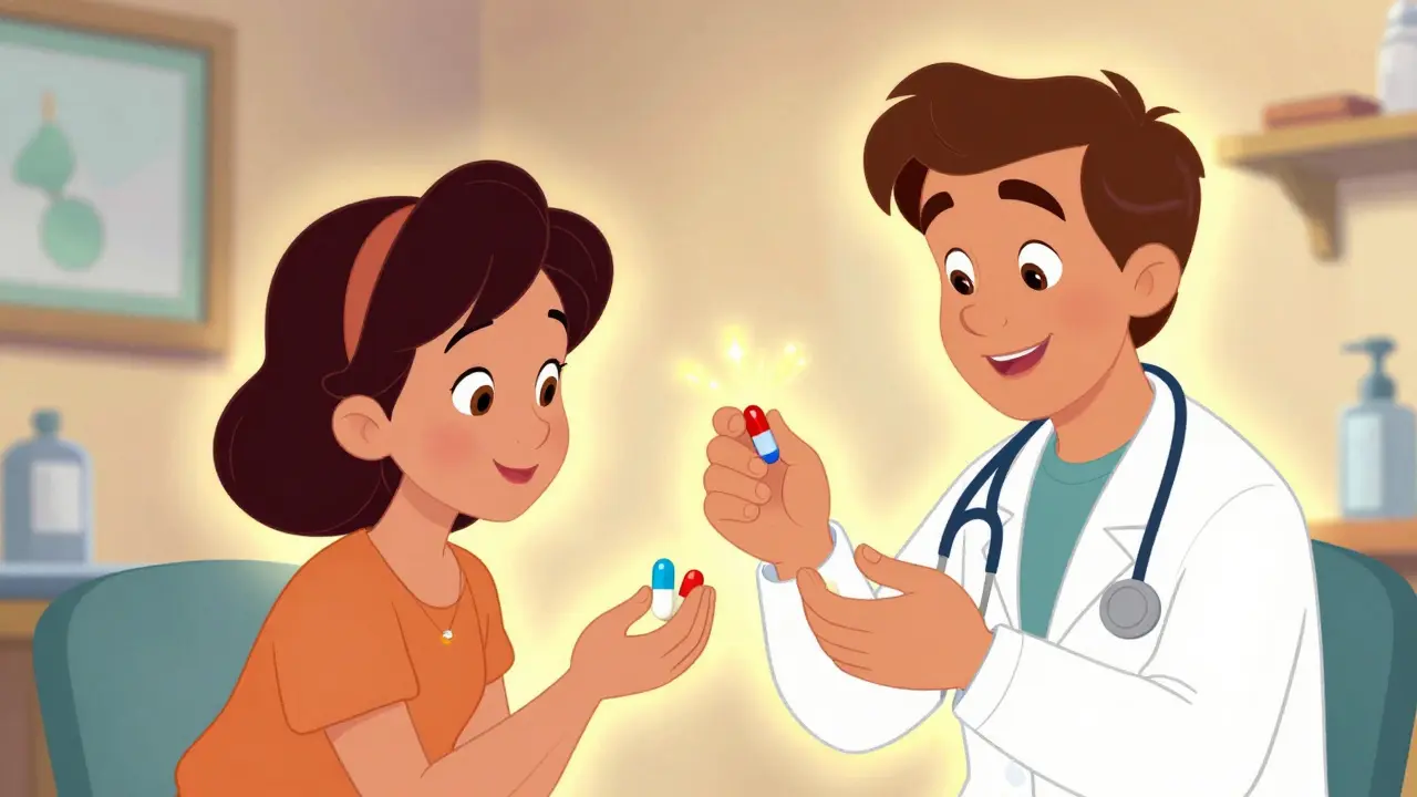 Doctor adding second medication to patient's treatment, warm glow of hope