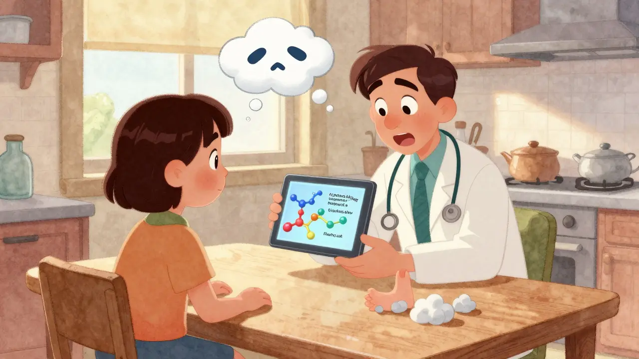 Doctor and patient at a kitchen table with cartoon molecular pathways and side effect symbols.
