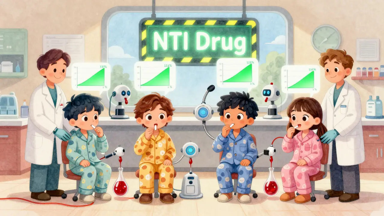 Four volunteers in pajamas participate in a clinical trial with friendly scientists and glowing bioequivalence graphs above them.