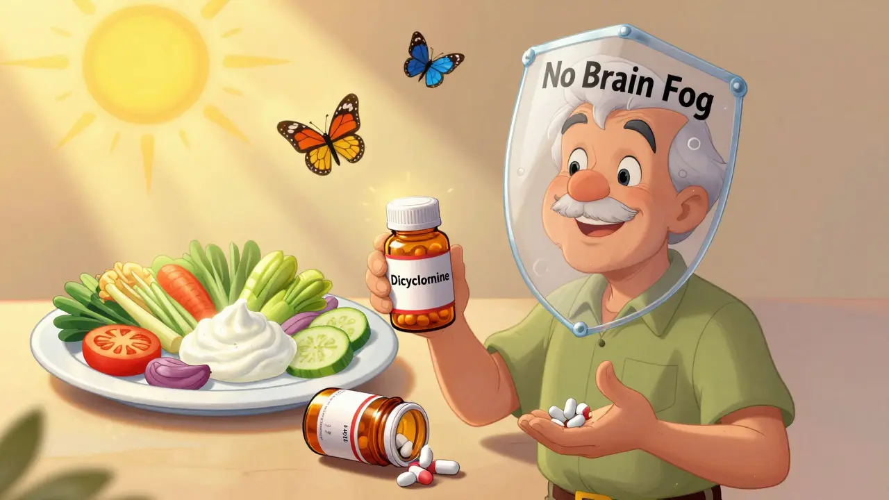 Man holding peppermint oil as crumbling antispasmodic bottle breaks, sunbeams and butterflies symbolizing relief.