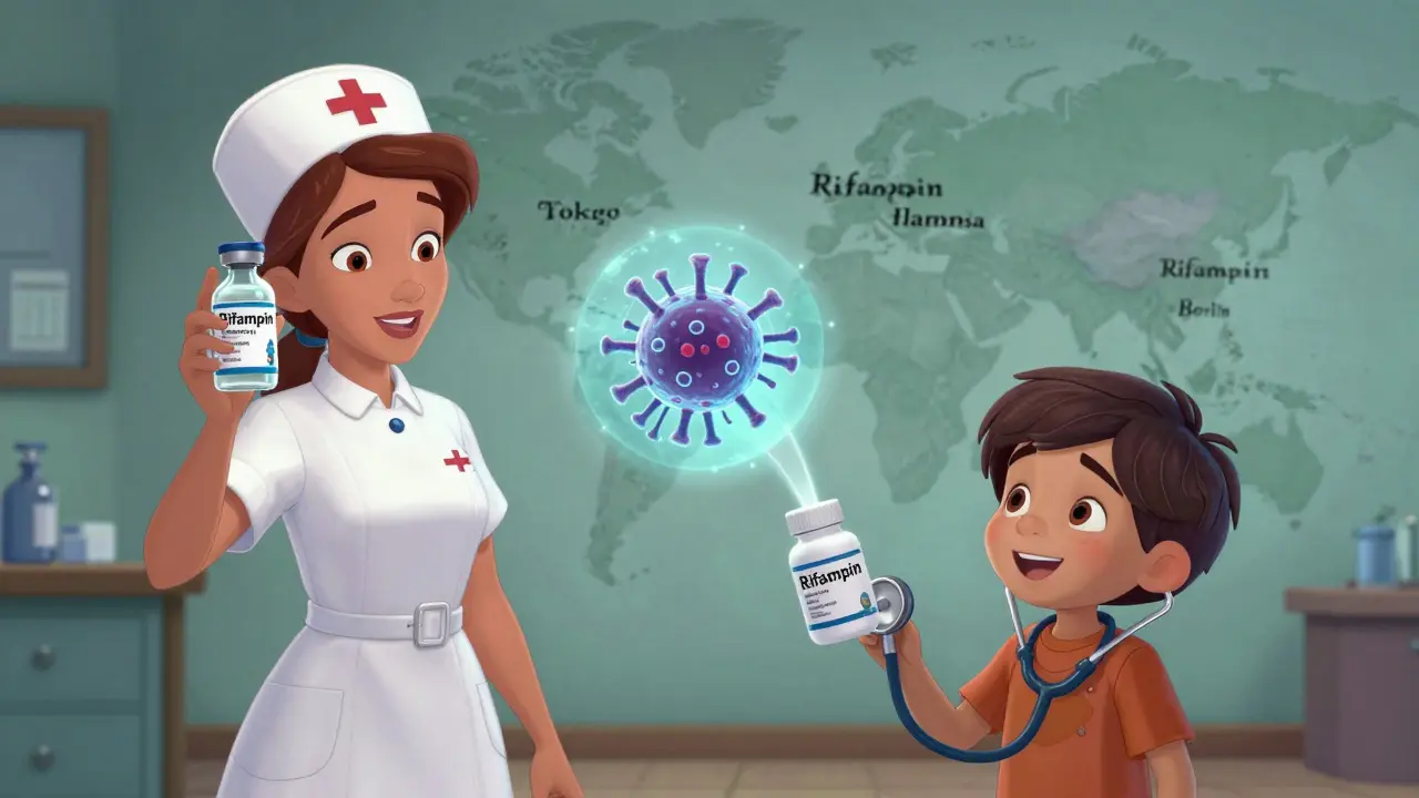 Nurse holding a vial with a glowing stem projecting a bacterium, showing drug naming in a global context.