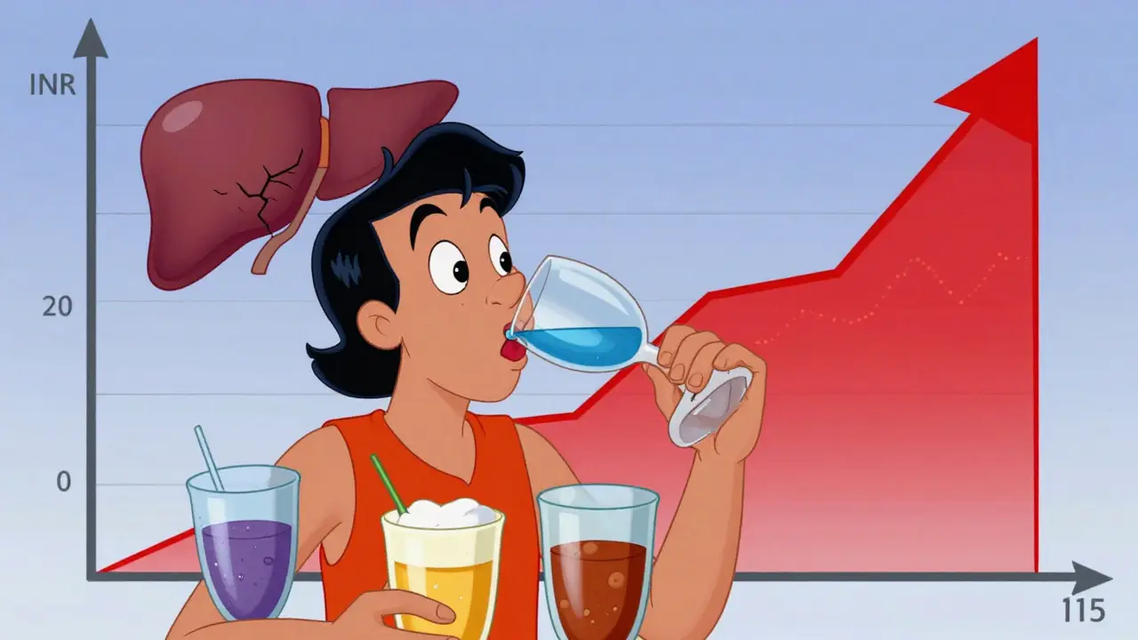 Person drinking alcohol causing INR spike with red warning graph