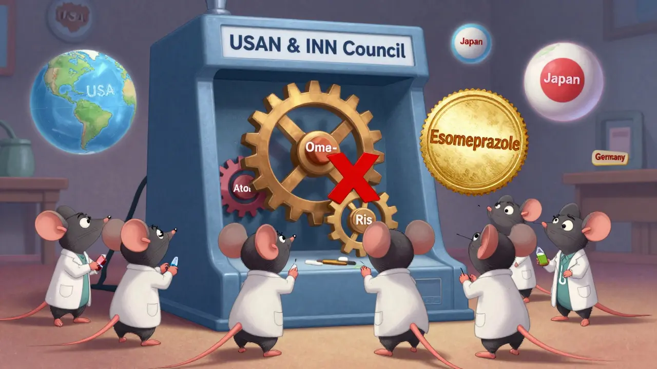 Scientist mice working at a naming machine with drug prefixes and global globes, in cartoon Disney style.
